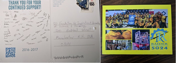 Thank you card Example from FIRST Robotics Competition Team 5024 Raider Robotics